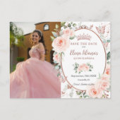 Blush Bloem Roze Goud Vlinders Quinceañera Aankondigingskaart (Voorkant)
