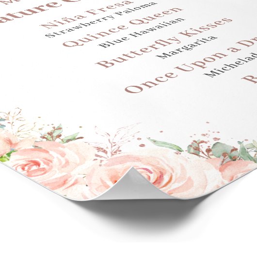 Blush Bloem Roze Gouden Quinceanera Bar Drankmenu Poster (Hoek)