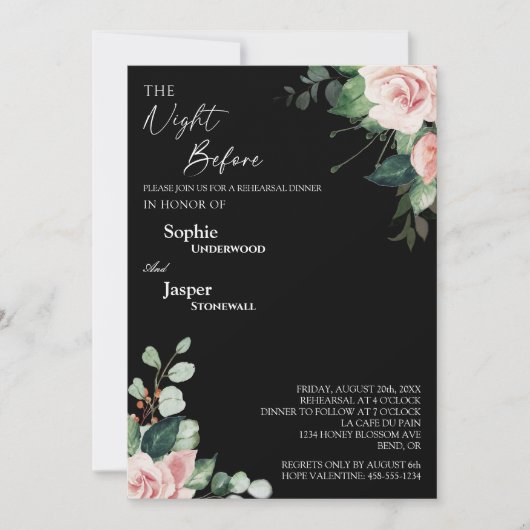 Blush Bloem Zwart Dinner Voor de Proefvoorstelling Kaart (Voorkant)