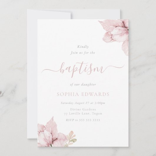 Blush Bloemblaadjes Elegant Meisjes Doop Kaart (Voorkant)