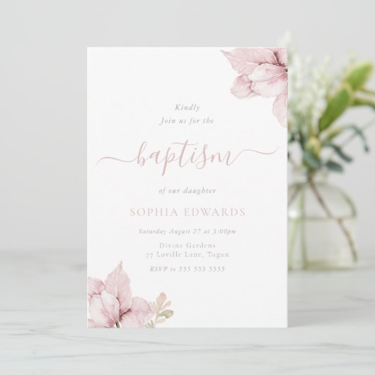 Blush Bloemblaadjes Elegant Meisjes Doop Kaart (Staand voorkant)