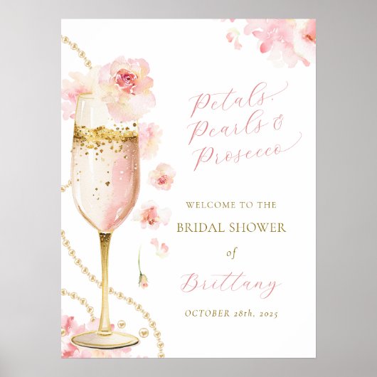 Blush Bloemblaadjes Parels Prosecco Bruidsfeest Poster (Voorkant)