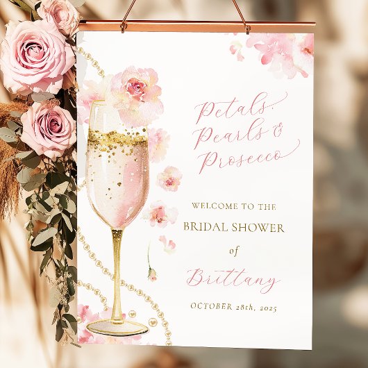 Blush Bloemblaadjes Parels Prosecco Bruidsfeest Poster