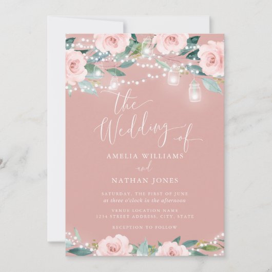 Blush Bloemblad Blad String Lichten Huwelijksuitno Kaart (Voorkant)