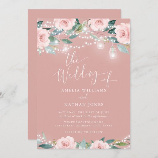 Blush Bloemblad Blad String Lichten Huwelijksuitno Kaart (Voorkant / Achterkant)