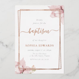 Blush bloemblad Elegante Meisjes Doop Roos Goud Folie Uitnodiging