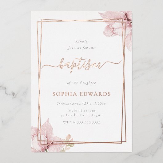 Blush bloemblad Elegante Meisjes Doop Roos Goud Folie Uitnodiging (Voorkant)