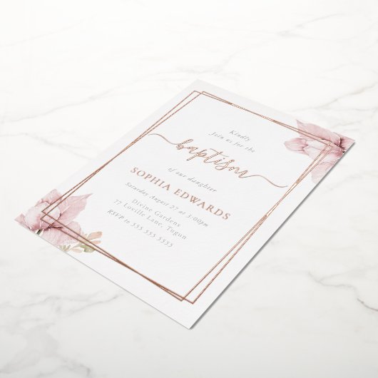 Blush bloemblad Elegante Meisjes Doop Roos Goud Folie Uitnodiging (Gedraaid)