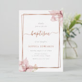 Blush bloemblad Elegante Meisjes Doop Roos Goud Folie Uitnodiging (Staand Voorkant)