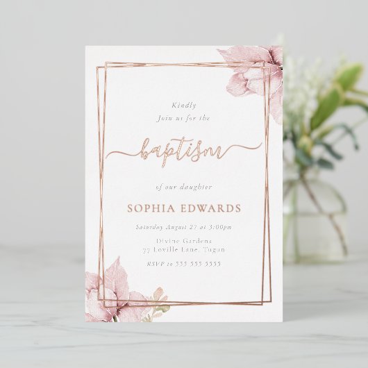 Blush bloemblad Elegante Meisjes Doop Roos Goud Folie Uitnodiging (Staand Voorkant)