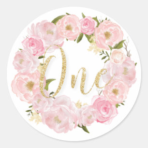 Blush Bloemen 1e Verjaardag Een Gouden Glitter Fav Ronde Sticker