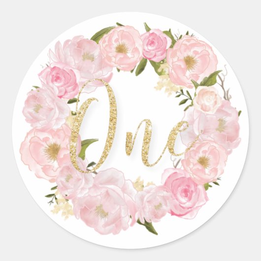 Blush Bloemen 1e Verjaardag Een Gouden Glitter Fav Ronde Sticker (Voorkant)