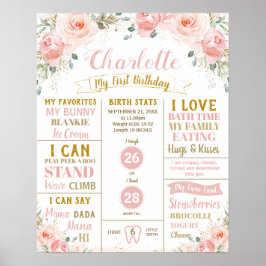 Blush Bloemen 1e Verjaardag Mijlpaal Geboorte Stat Poster