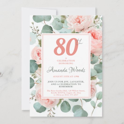 Blush bloemen 80ste verjaardag kaart (Voorkant)