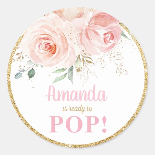 Blush Bloemen Baby shower Over Klaar om Pop Favor Ronde Sticker (Voorkant)