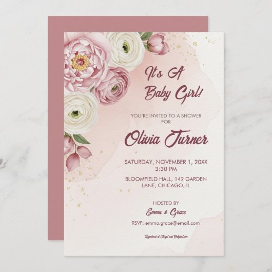 Blush Bloemen Baby shower Uitnodiging met Eleganti (Voorkant / Achterkant)