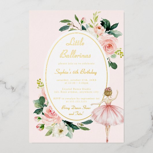 Blush Bloemen Ballerina Kids Verjaardag Folie Uitnodiging (Voorkant)