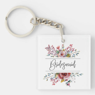 Blush Bloemen Boeket Bruidsmeisje Vierkante Sleute Sleutelhanger