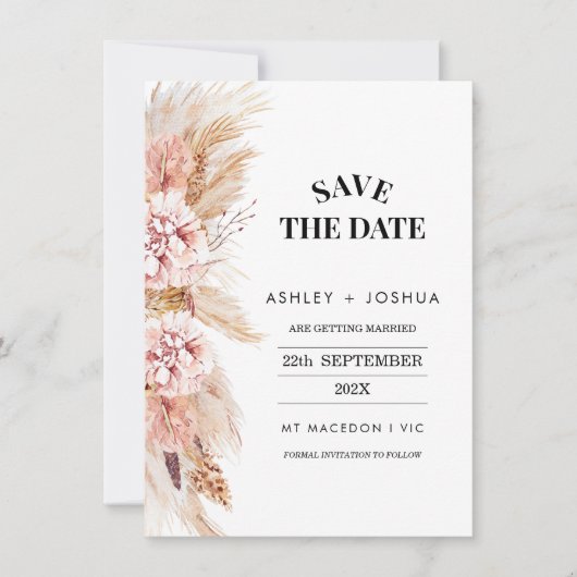 Blush Bloemen Boho Pampas Grass Opslaan van de dat Kaart (Voorkant)