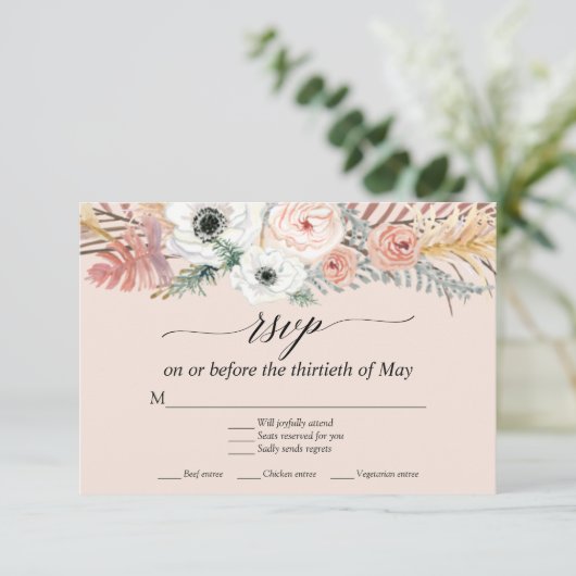 Blush Bloemen Boho Pampas Grass Tropische Palm RSV RSVP Kaartje (Staand voorkant)