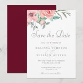 Blush Bloemen Bourgondië Waterverf Bruiloft Save The Date (Voorkant / Achterkant)