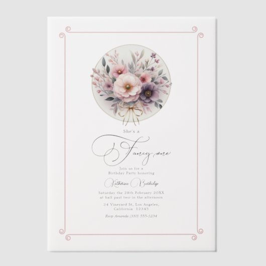 Blush Bloemen Bow "Fancy One" Eerste Verjaardag Vellum Uitnodigingen (Voorkant)