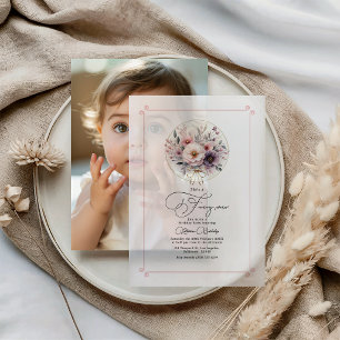 Blush Bloemen Bow "Fancy One" Eerste Verjaardag Vellum Uitnodigingen