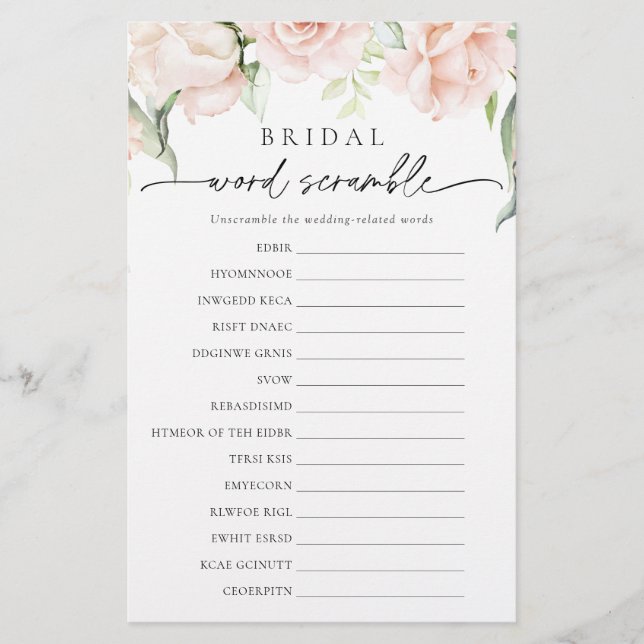 Blush Bloemen Bruids Woord Scramble Douche Spel (Voorkant)