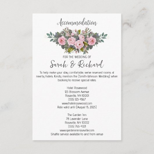 Blush bloemen bruiloft accommodaties informatiekaartje (Voorkant)