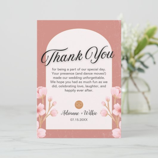 Blush Bloemen bruiloft dank u kaart met foto (Staand voorkant)