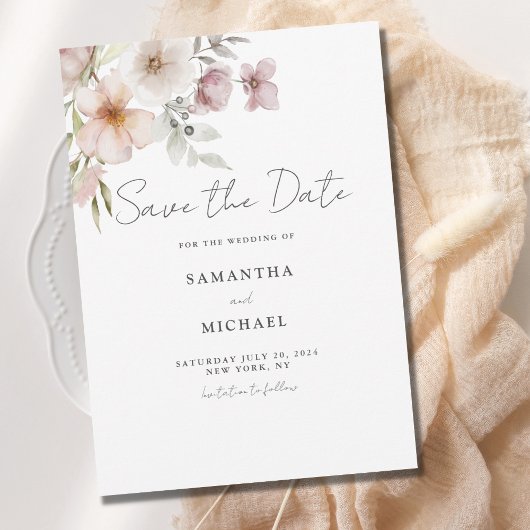 Blush Bloemen Bruiloft Flat Save The Date Kaart