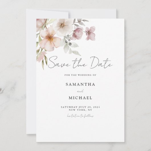 Blush Bloemen Bruiloft Flat Save The Date Kaart (Voorkant)