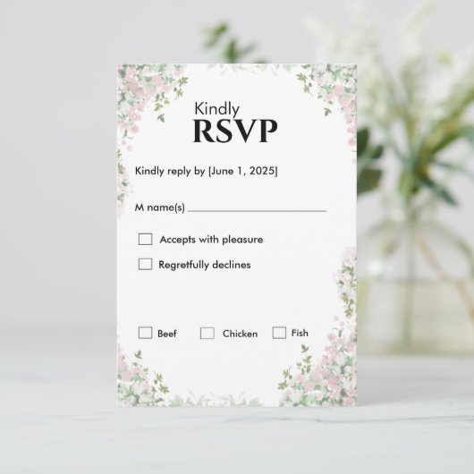Blush bloemen bruiloft | minimalistisch script RSVP kaartje (Staand voorkant)