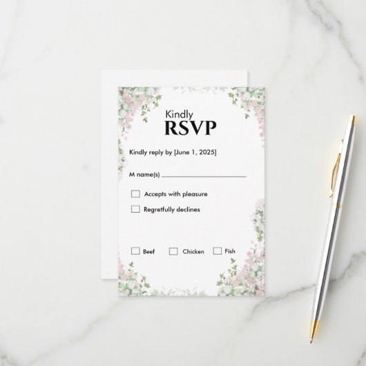 Blush bloemen bruiloft | minimalistisch script RSVP kaartje (Voorkant / Achterkant in situ)
