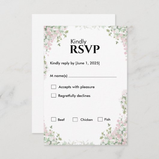 Blush bloemen bruiloft | minimalistisch script RSVP kaartje (Voorkant / Achterkant)