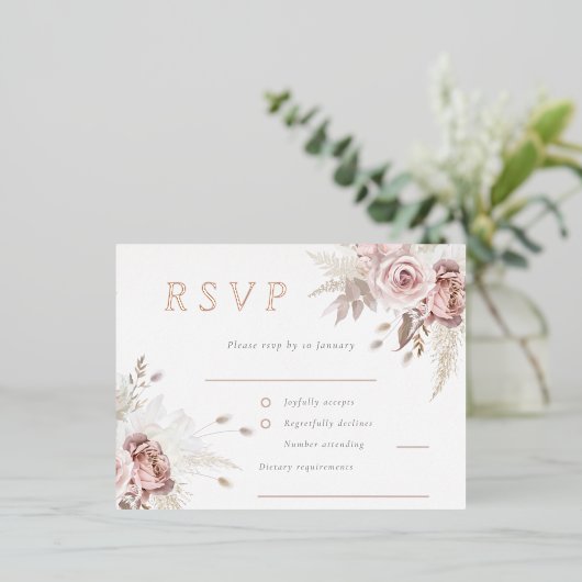 Blush Bloemen Bruiloft RSVP Roos Gold Folie Uitnodiging Briefkaart (Staand Voorkant)
