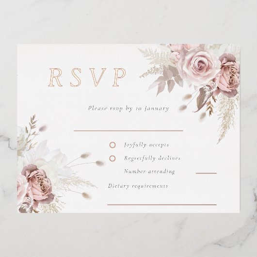 Blush Bloemen Bruiloft RSVP Roos Gold Folie Uitnodiging Briefkaart (Voorkant)