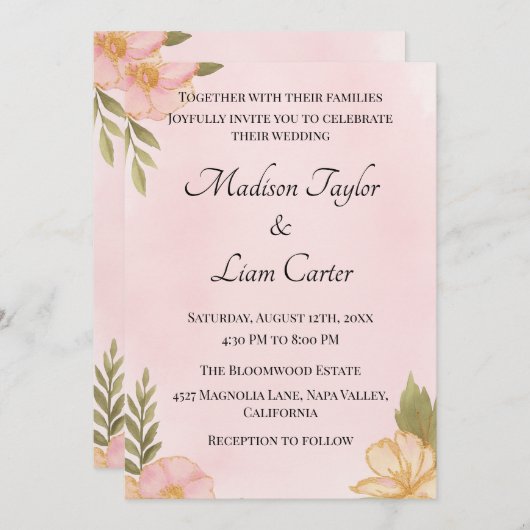 Blush Bloemen bruiloft uitnodiging eenvoudig (Voorkant / Achterkant)