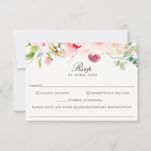 Blush Bloemen Bruiloft Voedsel Allergie RSVP Kaart (Voorkant)