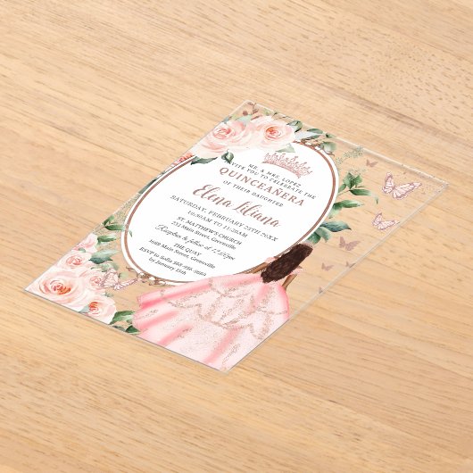 Blush Bloemen Bruin Prinses Roos Goud Quinceañera Acryl Uitnodigingen (Laagn)