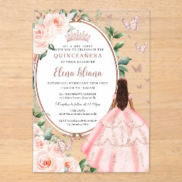 Blush Bloemen Bruin Prinses Roos Goud Quinceañera Acryl Uitnodigingen