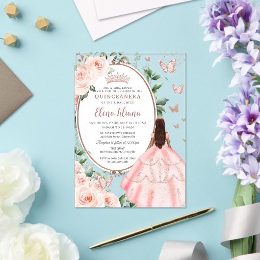 Blush Bloemen Bruin Prinses Roos Goud Quinceañera Acryl Uitnodigingen (Insitu (Huwelijk))