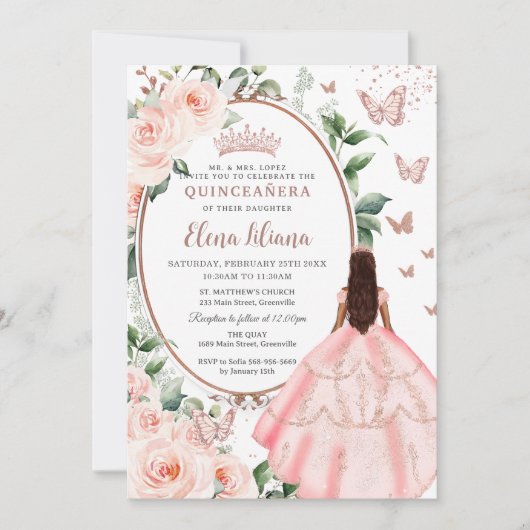 Blush Bloemen Bruin Prinses Roos Goud Quinceañera Kaart (Voorkant)