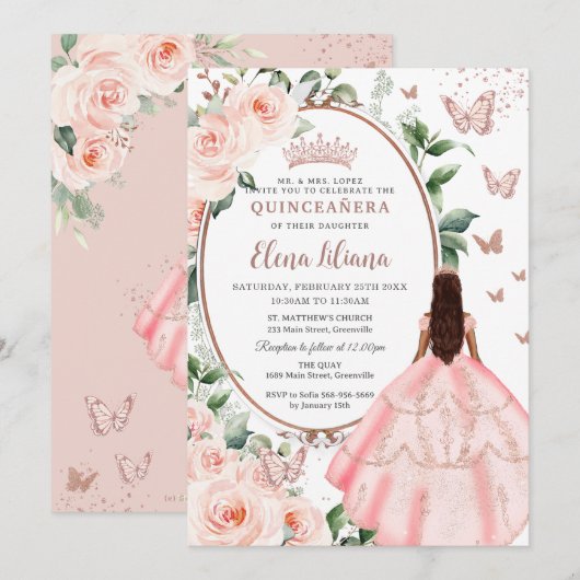 Blush Bloemen Bruin Prinses Roos Goud Quinceañera Kaart (Voorkant / Achterkant)