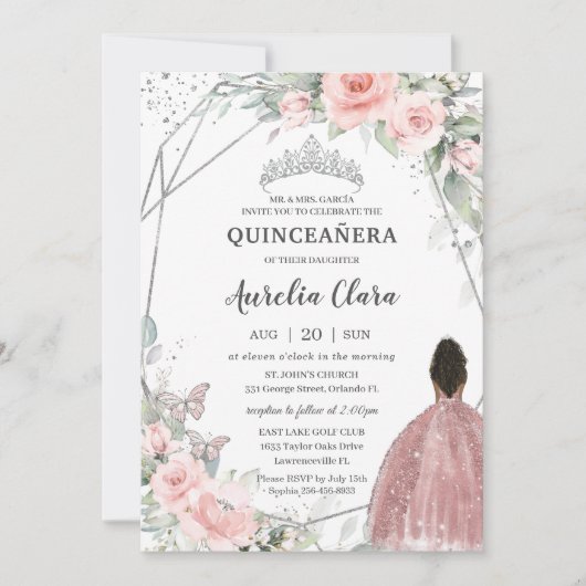 Blush Bloemen Bruin Prinses Vlinder Quinceañera Kaart (Voorkant)