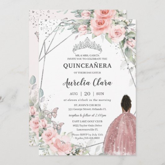 Blush Bloemen Bruin Prinses Vlinder Quinceañera Kaart (Voorkant / Achterkant)