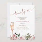 Blush Bloemen Champagne Glas 21e Verjaardag Kaart (Voorkant)