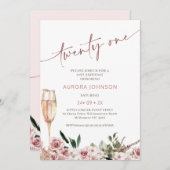 Blush Bloemen Champagne Glas 21e Verjaardag Kaart (Voorkant / Achterkant)