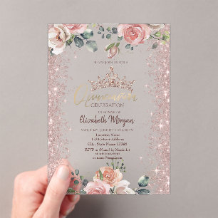 Blush Bloemen Diamanten Roze Goud Quinceanera Acryl Uitnodigingen
