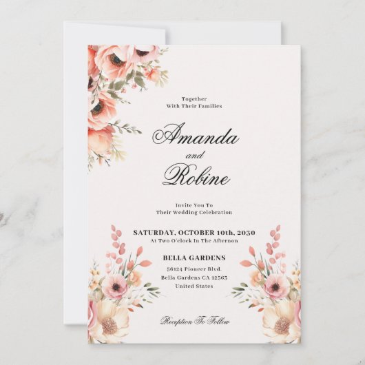 Blush Bloemen Elegante Huwelijksuitnodiging Kaart (Voorkant)
